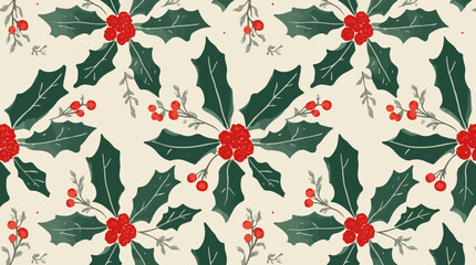 Vector illustration of a Christmas-themed fabric design featuring a prominent holly leaf motif pattern, with stylized green leaves, vibrant red berries © Nurdaliah