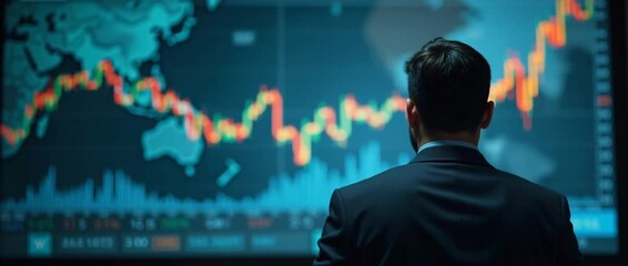 Business professional analyzing dynamic stock market trends on a large digital screen, camera slowly pans while data graphs animate in a cinematic style, highlighting financial growth and strategy. - Powered by Adobe