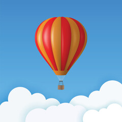 Vector Travel Banner with 3d Realistic Red and Orange Hot Air Balloon Icon on a Blue Sky Background. Design Template, Summer Vacation, Travelling, Tourism and Journey Concept