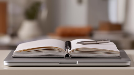 Open notebook and pen on laptop in cozy workspace planning productivity and remote work study concept