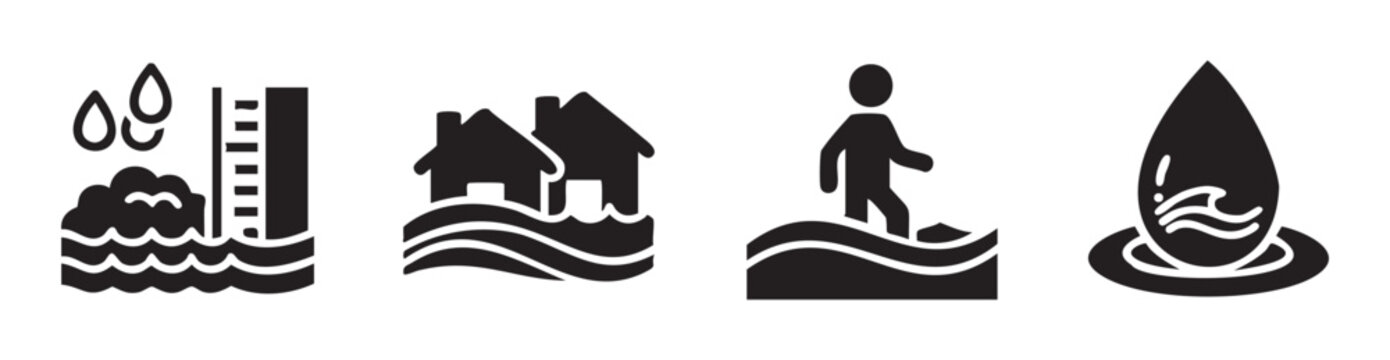 Flood disaster warning icons illustrate various aspects of water-related emergencies including rising levels, submerged homes, and people wading through dangerous conditions.
