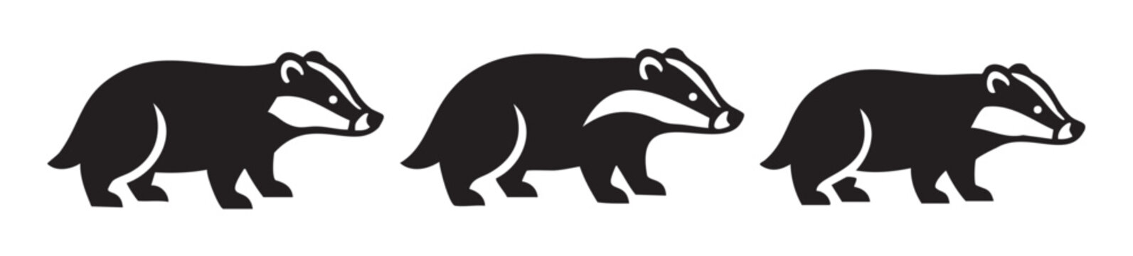 Three badgers are shown in a minimalist black and white vector illustration, perfect for various design projects and educational materials.