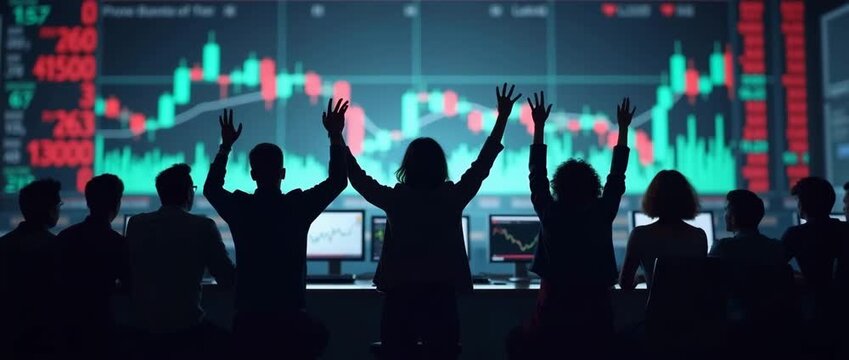 Silhouetted traders celebrate in front of dynamic stock market graphs, as the camera slowly pans across a bustling financial trading floor, capturing a cinematic atmosphere of success and excitement.