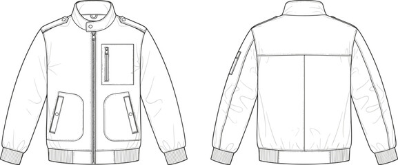 men bomber jacket technical flat sketch, front back view, zipper pocket detail apparel design, fashion vector illustration © Salam Creatives