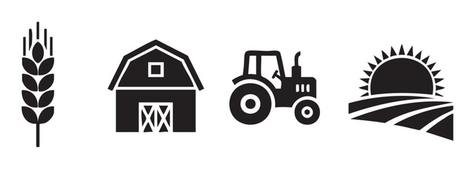 Agriculture and farming icons set featuring wheat, barn, tractor, and sun rising over fields, representing rural life and harvest.