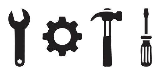 Various essential hand tools and a mechanical gear icon set representing repair, construction, and maintenance services in a simple, clean graphic style.