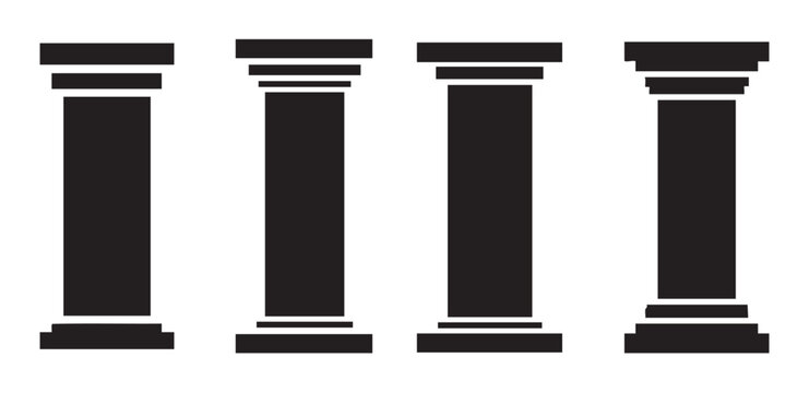 Four classical architectural columns in a row showcase different ancient Greek and Roman style designs, representing strength, stability, and historical heritage.