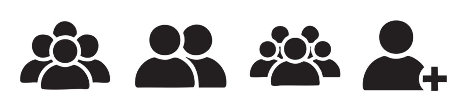 People icons representing user groups, team collaboration, and the action of adding a new member or friend in digital applications.