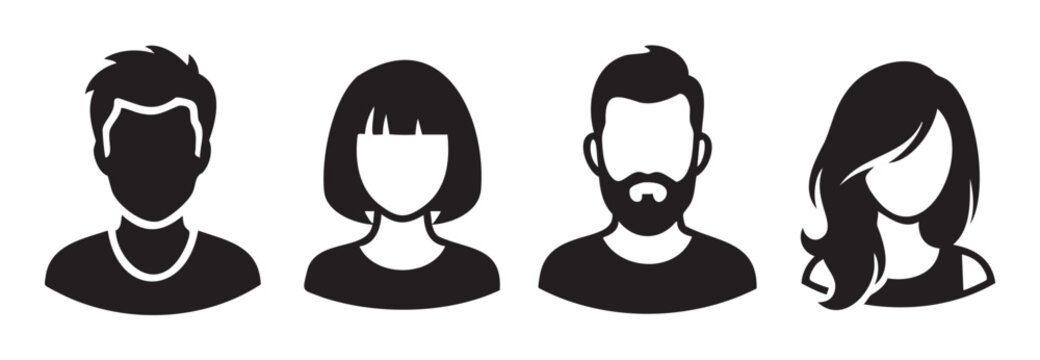 Four diverse user profile avatar icons representing different people showcasing various hairstyles and facial features in a simple, modern black and white graphic style.