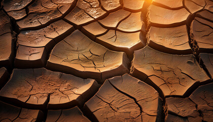 Macro Photograph Of Parched Earth Texture Extreme Close Up Revealing Deep Fissures And Geological Stratification Under Intense Sunlight