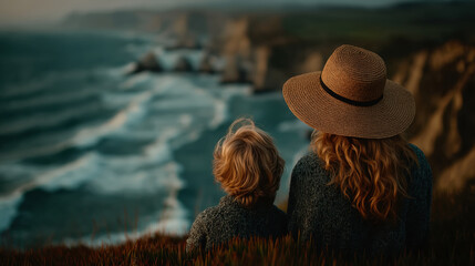 Mother and child sitting on cliff overlooking sea coastline family travel warm sunset tones ocean background