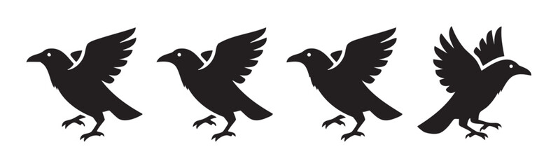 Obraz premium Four black crows in various stages of flight, showcasing their dynamic movement with outstretched wings and landing poses, rendered as simple graphic silhouettes.