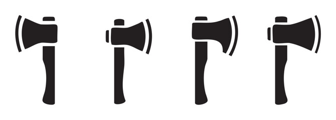 Four black axe icons with various designs illustrating different types of cutting tools used for woodworking and outdoor activities.