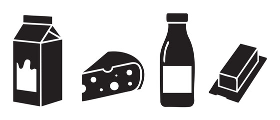 Dairy products icons set featuring milk carton, cheese wedge, milk bottle, and butter stick in a minimalist black silhouette style.