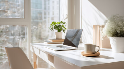 Bright home office with white desk laptop and coffee cup near window minimalist morning light interior
