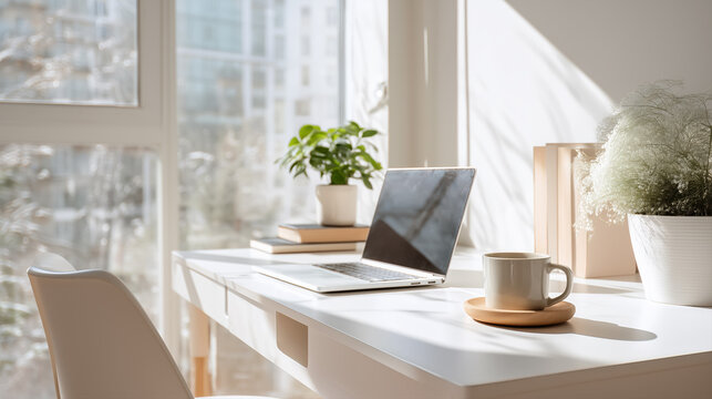 Bright home office with white desk laptop and coffee cup near window minimalist morning light interior