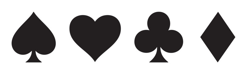 Four classic playing card suits, including spade, heart, club, and diamond, are neatly arranged in a row, representing games, gambling, and luck.