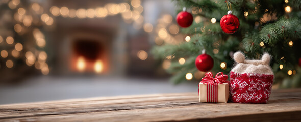 Christmas tree with gifts and fireplace warm lights table foreground cozy holiday home interior