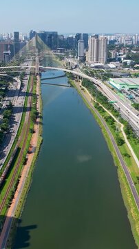 Marginal Pinheiros At Sao Paulo Brazil. Birds Eye View Of Stunning Cityscape With Streets And Buildings. Metropolitan Landscape Panoramic City View Beautiful. Metropolitan Enterprise Town.