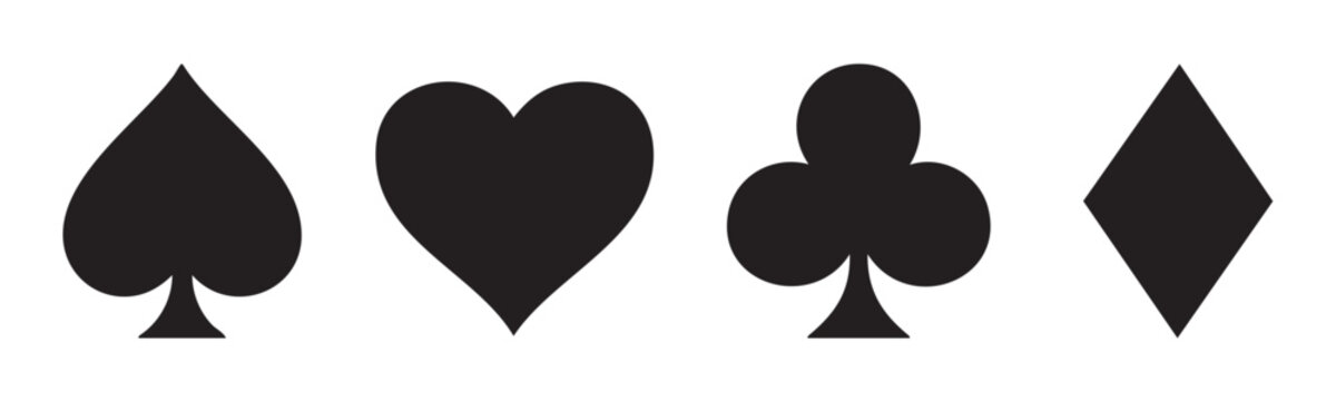 Four classic playing card suits, including spade, heart, club, and diamond, are neatly arranged in a row, representing games, gambling, and luck.