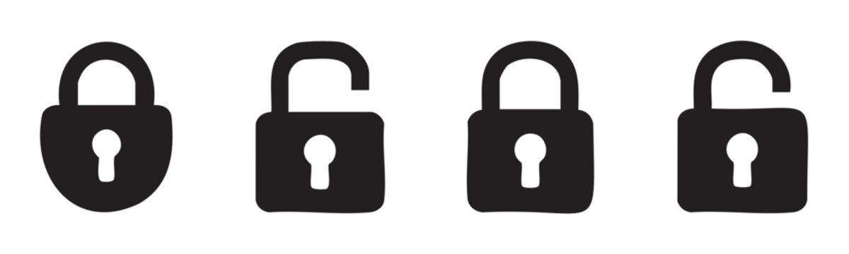 Four padlock icons representing security, access, and protection concepts, illustrating both locked and unlocked states for digital and physical safety.
