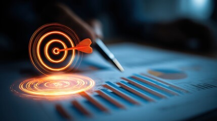 Business professional analyzing financial charts and graphs with a glowing target and dart overlay representing goals and success