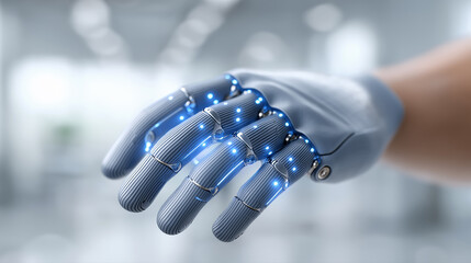 Robotic glove with blue LED lights advanced prosthetic technology innovation cybernetic hand gray background
