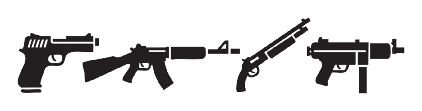 Various types of firearms displayed as black silhouettes, including a pistol, rifle, shotgun, and submachine gun, representing different weapon categories.