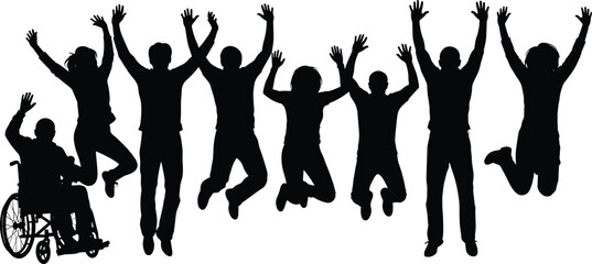 Diverse people silhouettes jumping together including wheelchair user, symbolizing inclusion, equality, joy, freedom, teamwork and positive community spirit on white background