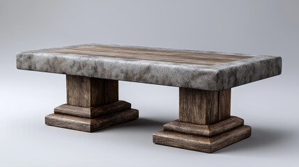 Modern wooden bench with gray stone top isolated minimalist furniture design on light background