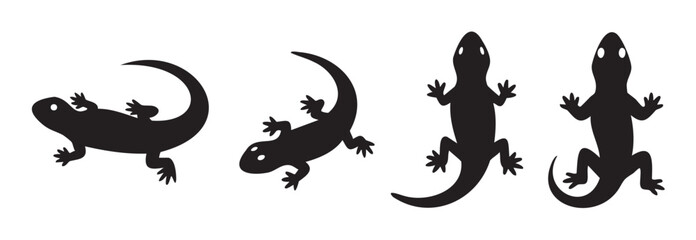 Four black lizard silhouettes in various poses, showcasing their distinct shapes and forms as simple graphic icons for design elements.