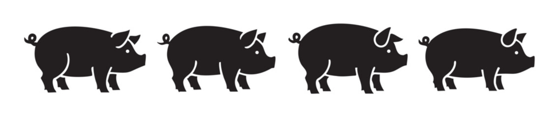 Fototapeta premium Four black pig silhouettes standing in a row, facing right, creating a simple and graphic animal illustration for various design projects.