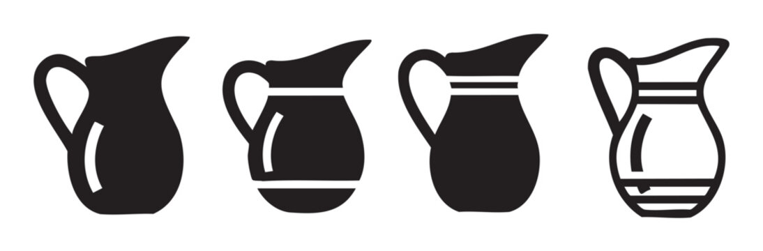 Four different pitchers and jugs icon set showcasing various liquid containers with distinct designs in a minimalist black and white style.