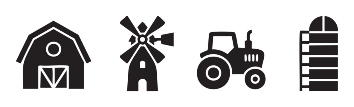 Farm icons set featuring essential agricultural elements and machinery including a barn, windmill, tractor, and silo in a clean, modern silhouette style.