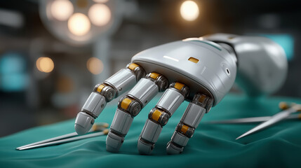 Robotic surgical hand over operating table advanced medical technology for precision surgery innovation in hospital