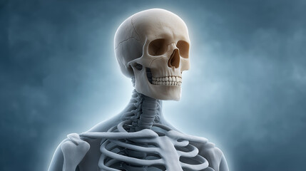 Human skeleton upper body anatomical model on blue background medical education science and healthcare anatomy concept