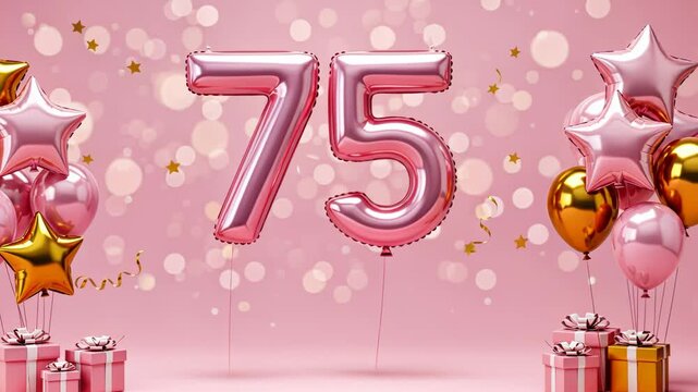Celebratory pink and gold balloons with stars and sparkles for 75th anniversary party