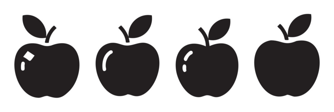 Four black apple icons with stems and leaves are arranged in a row, representing healthy fruit, education, and natural food concepts in a simple graphic design.