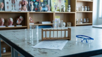 A classroom lab table with test tubes in a wooden rack, beakers, safety goggles, and a worksheet. Anatomical models and jars are visible on shelves in the background.