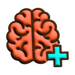 Colorful illustration of a brain with a plus sign isolated on transparent background