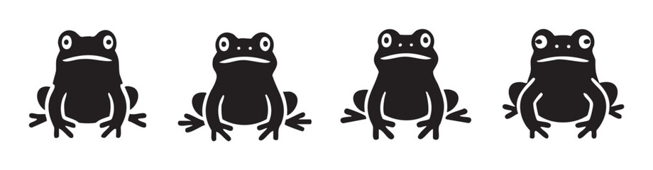 Four black stylized frog silhouettes are depicted in a row, showcasing a minimalist and graphic design suitable for various creative projects and branding.
