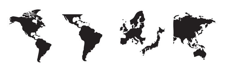 Collection of continent outlines in black vector illustration, depicting global geography, travel, and international business concepts with a clean, modern design.