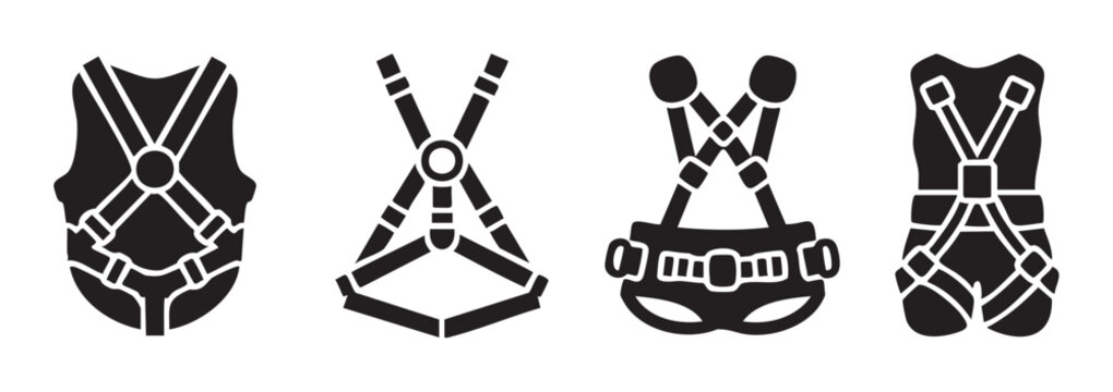 Safety harnesses icons set showing various types of protective gear used for fall protection, climbing, and industrial work applications.