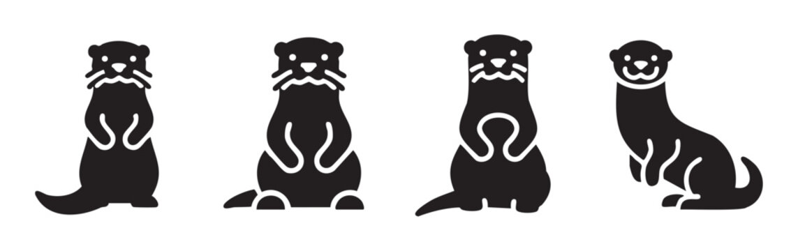 Four black stylized otter illustrations in various poses, depicting the playful and aquatic nature of these charming river mammals.