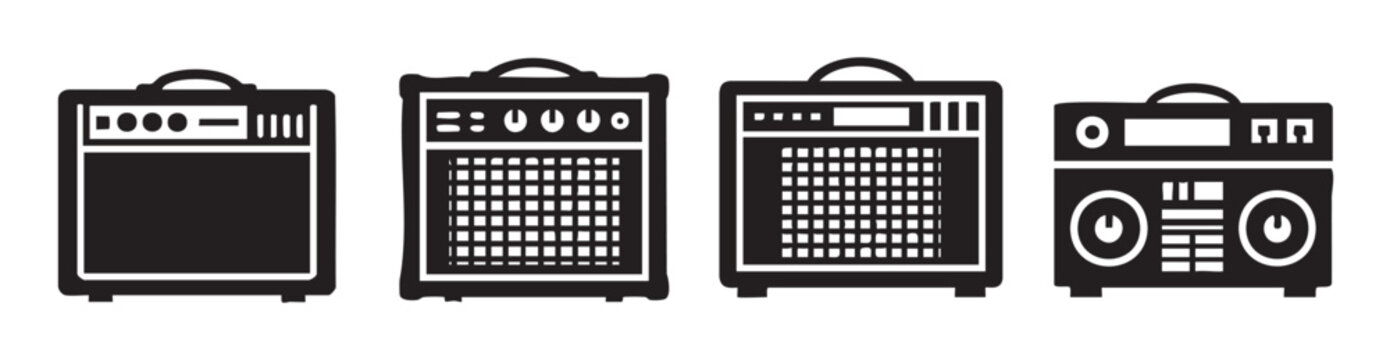 Audio amplifiers and music speakers are depicted in a set of four distinct black and white vector icons, representing various sound equipment for music production and performance.