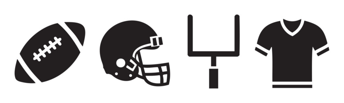 American football equipment icons featuring a ball, helmet, goalpost, and jersey representing the popular sport in a simple graphic style.