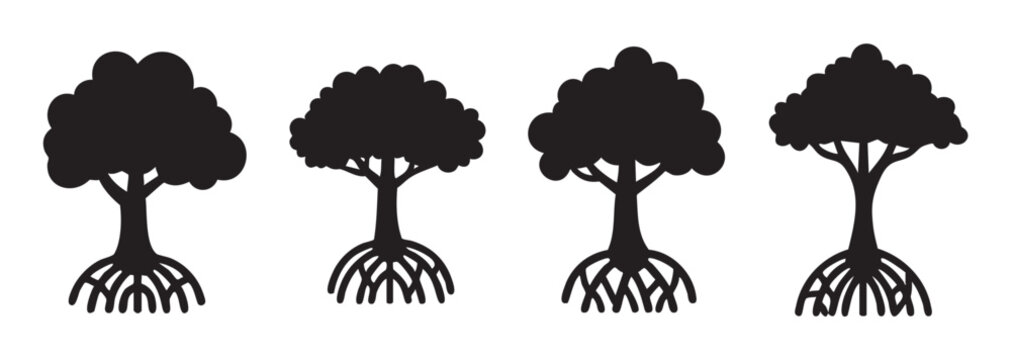 Four stylized trees with roots are depicted in a simple black silhouette graphic design, representing nature, growth, and ecological systems.