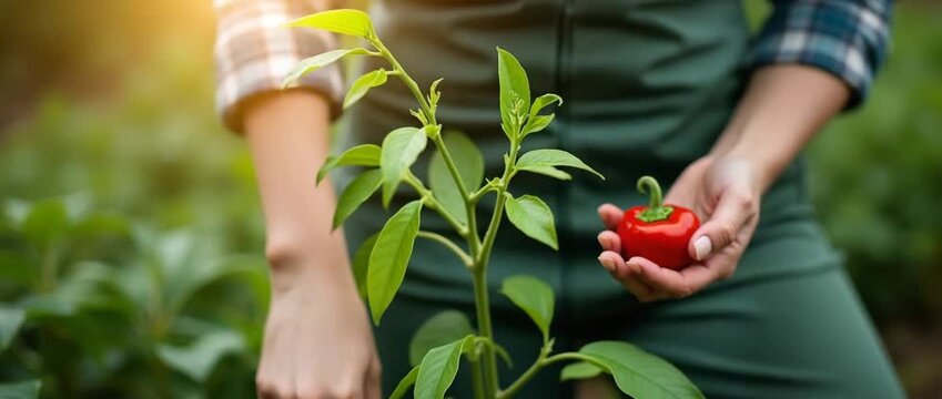 Close up women farmer hand keeping chilli pepper plant in the garden illustrating agricultural care and sustainable farming practices in gardening context. concept as Close up of a womans farmer hand 