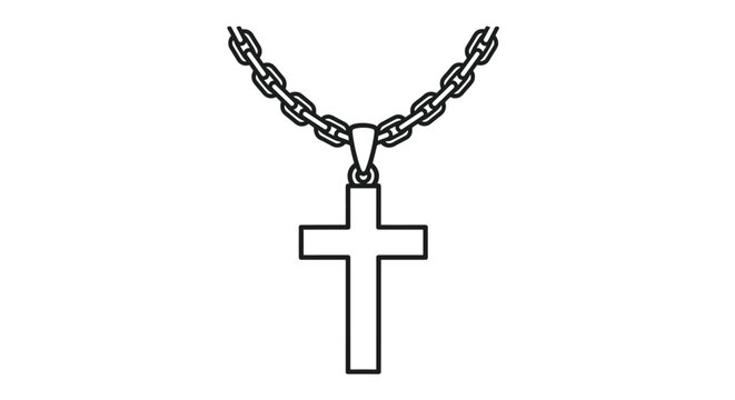 Simple black outline icon of a Christian cross on a chain represents faith, religious symbols, and jewelry design elements for spirituality.