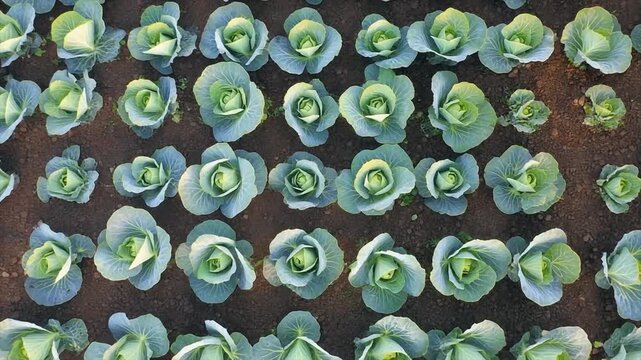 Overhead view of a field of fresh green cabbage plants growing in neat rows in dark soil agriculture